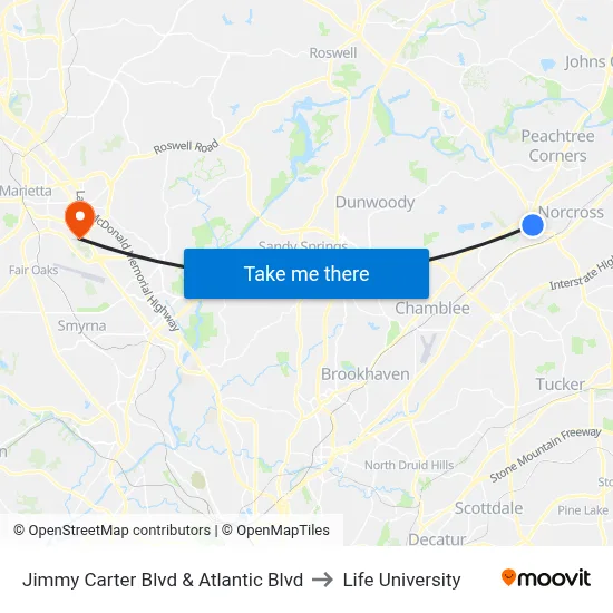 Jimmy Carter Blvd & Atlantic Blvd to Life University map