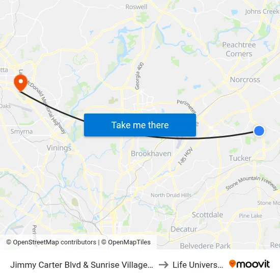Jimmy Carter Blvd & Sunrise Village Ln to Life University map