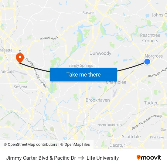 Jimmy Carter Blvd & Pacific Dr to Life University map