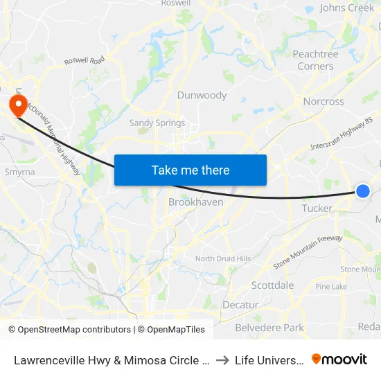 Lawrenceville Hwy & Mimosa Circle Ob to Life University map