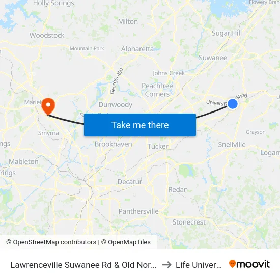 Lawrenceville Suwanee Rd & Old Norcross to Life University map