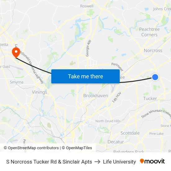 S Norcross Tucker Rd & Sinclair Apts to Life University map