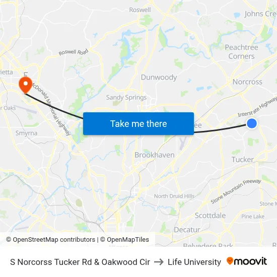 S Norcorss Tucker Rd & Oakwood Cir to Life University map