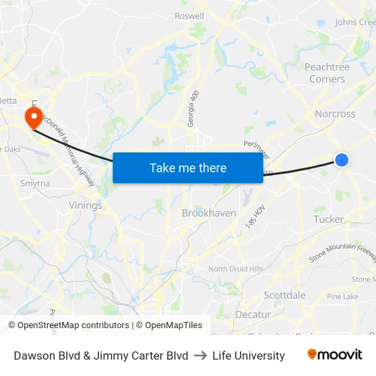 Dawson Blvd &  Jimmy Carter Blvd to Life University map