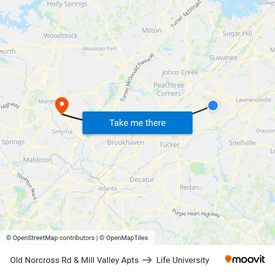 Old Norcross Rd & Mill Valley Apts to Life University map