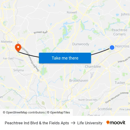 Peachtree Ind Blvd & the Fields Apts to Life University map