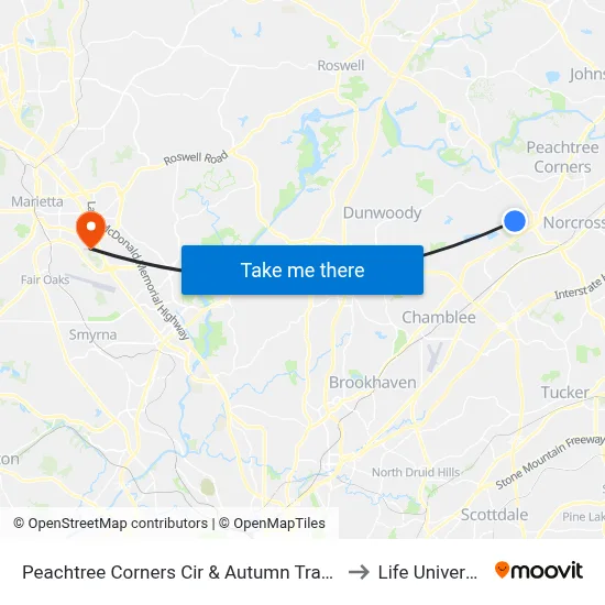 Peachtree Corners Cir & Autumn Trace Dr to Life University map