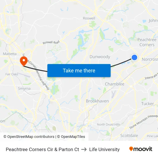 Peachtree Corners Cir & Parton Ct to Life University map