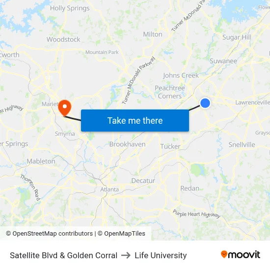 Satellite Blvd & Golden Corral to Life University map