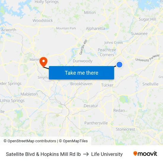 Satellite Blvd & Hopkins Mill Rd Ib to Life University map