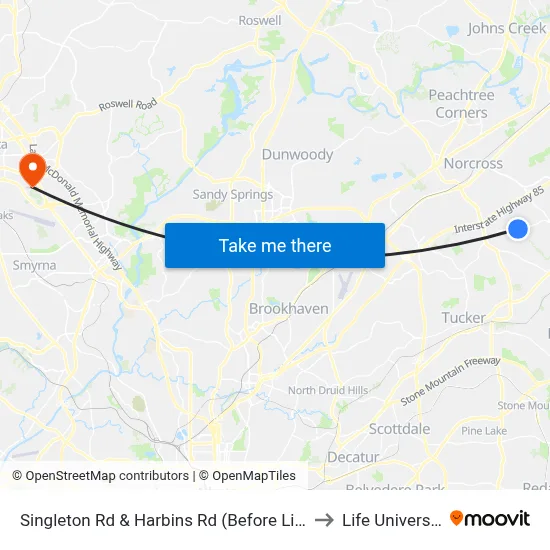 Singleton Rd & Harbins Rd (Before Light) to Life University map