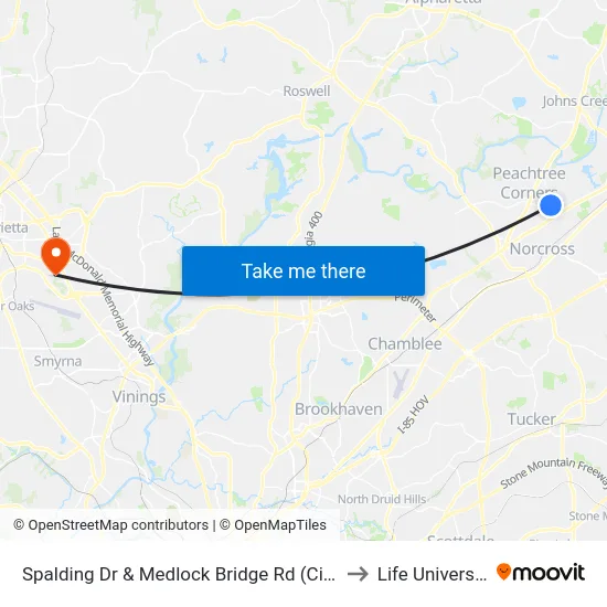 Spalding Dr & Medlock Bridge Rd (Citgo) to Life University map