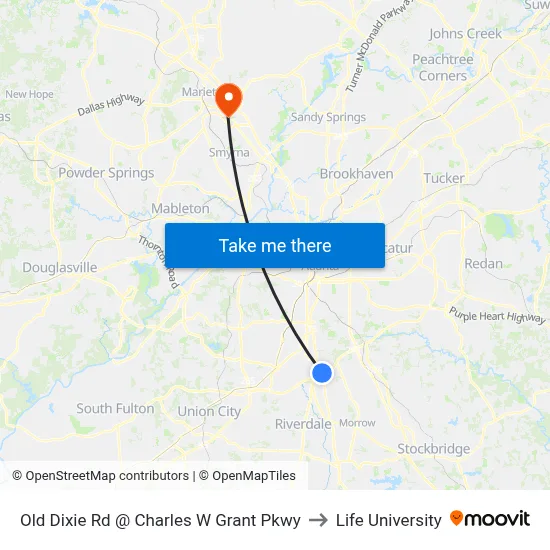 Old Dixie Rd @ Charles W Grant Pkwy to Life University map