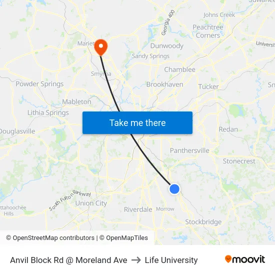 Anvil Block Rd @ Moreland Ave to Life University map