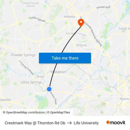 Crestmark Way @ Thornton Rd Ob to Life University map
