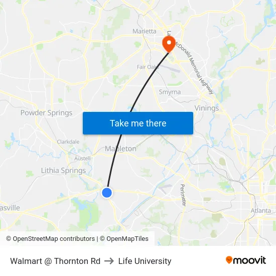 Walmart @ Thornton Rd to Life University map