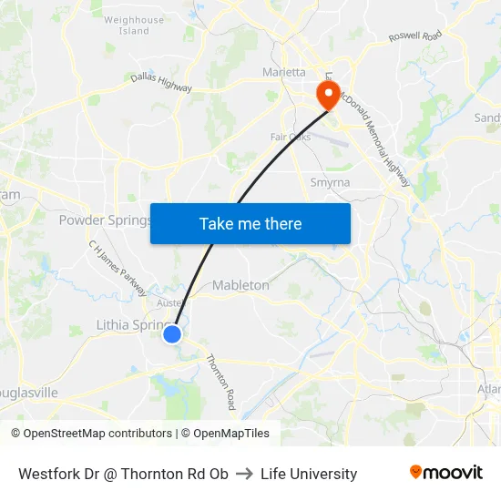Westfork Dr @ Thornton Rd Ob to Life University map
