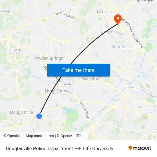 Douglasville Police Department to Life University map