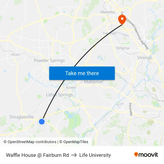 Waffle House @ Fairburn Rd to Life University map