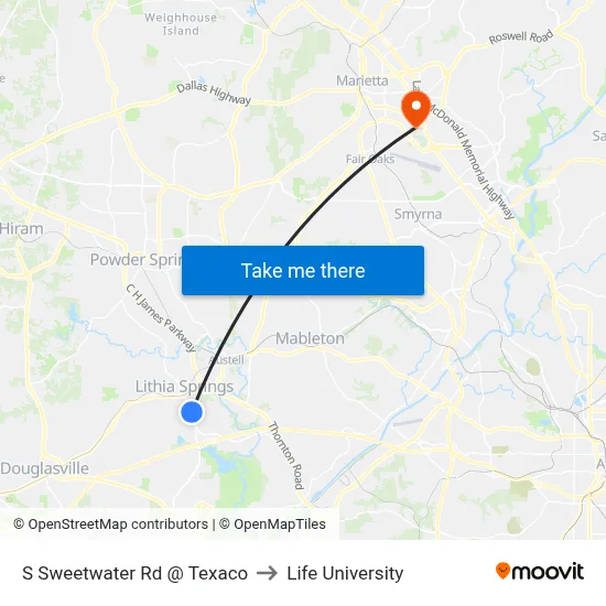 S Sweetwater Rd @ Texaco to Life University map