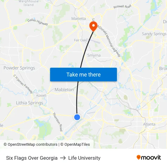 Six Flags Over Georgia to Life University map