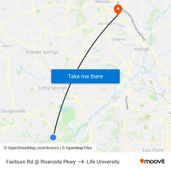Fairburn Rd @ Riverside Pkwy to Life University map