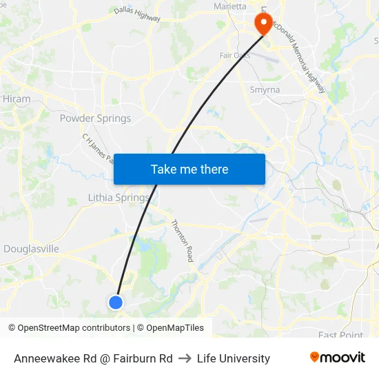 Anneewakee Rd @ Fairburn Rd to Life University map