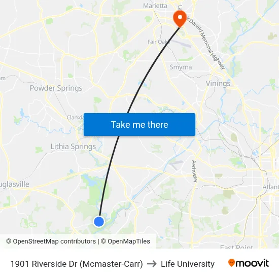 1901 Riverside Dr (Mcmaster-Carr) to Life University map