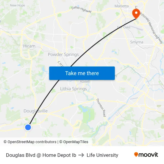 Douglas Blvd @ Home Depot Ib to Life University map