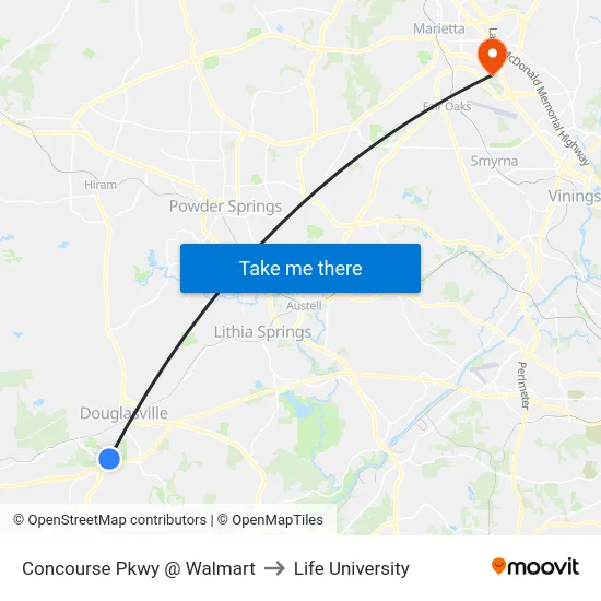 Concourse Pkwy @ Walmart to Life University map