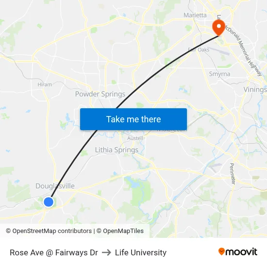 Rose Ave @ Fairways Dr to Life University map