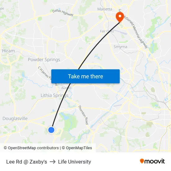 Lee Rd @ Zaxby's to Life University map