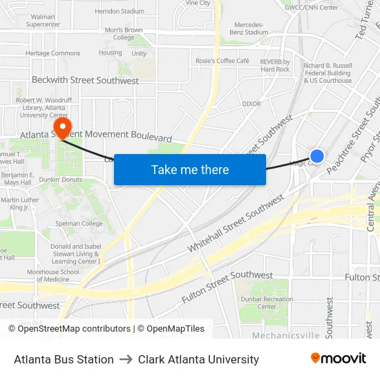 Atlanta Bus Station to Clark Atlanta University map