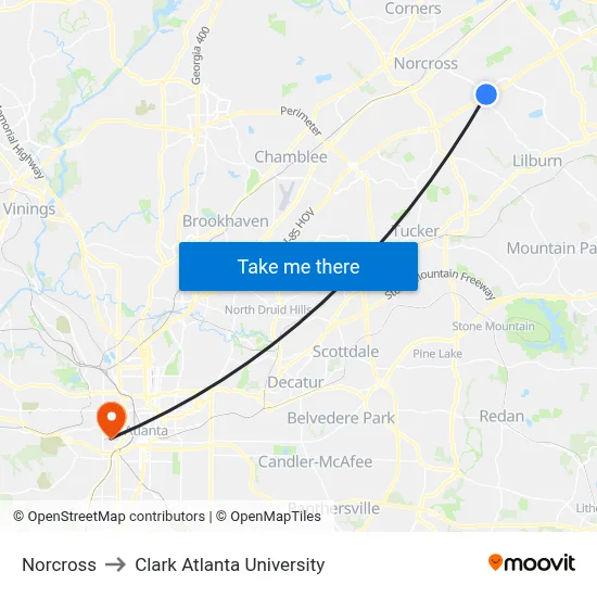 Norcross to Clark Atlanta University map