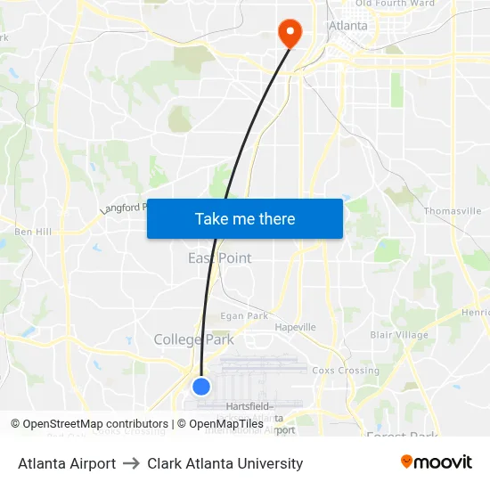 Atlanta Airport to Clark Atlanta University map