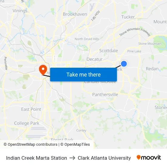 Indian Creek Marta Station to Clark Atlanta University map