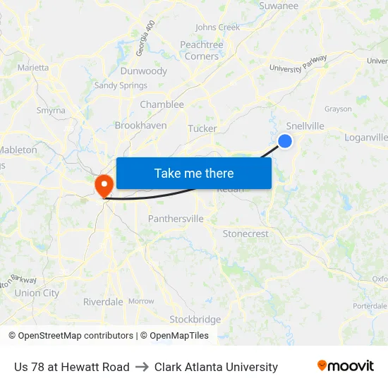 Us 78 at Hewatt Road to Clark Atlanta University map