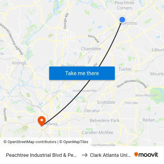 Peachtree Industrial Blvd & Peachtree Co to Clark Atlanta University map