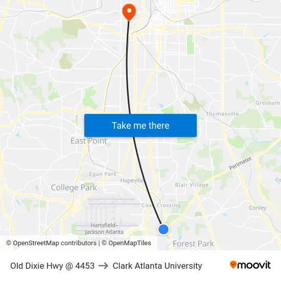 Old Dixie Hwy @ 4453 to Clark Atlanta University map