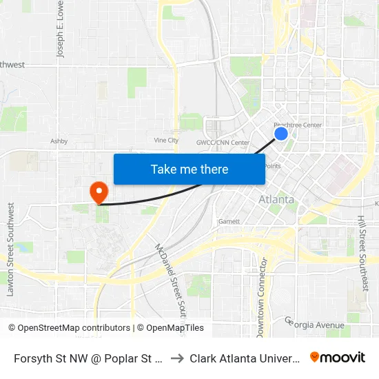 Forsyth St NW @ Poplar St NW to Clark Atlanta University map