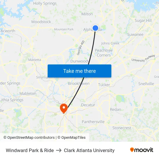 Windward Park & Ride to Clark Atlanta University map