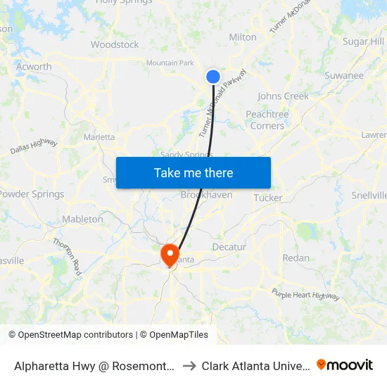 Alpharetta Hwy @ Rosemont Pkwy to Clark Atlanta University map