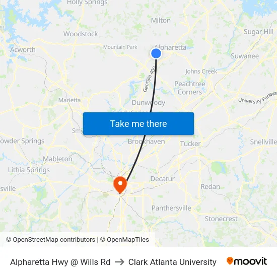 Alpharetta Hwy @ Wills Rd to Clark Atlanta University map