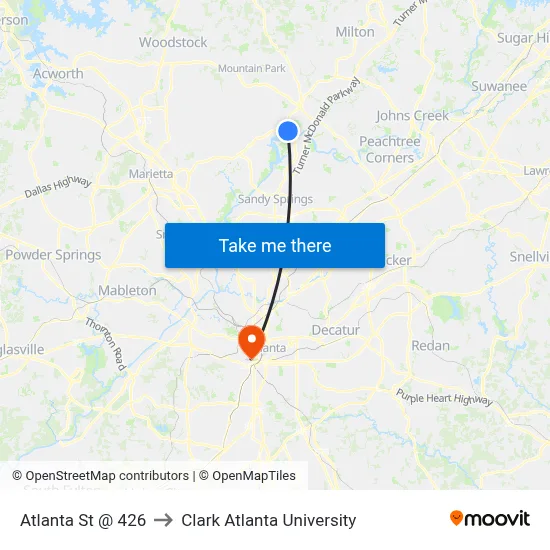 Atlanta St @ 426 to Clark Atlanta University map