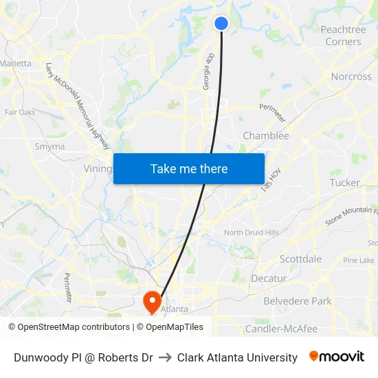 Dunwoody Pl @ Roberts Dr to Clark Atlanta University map