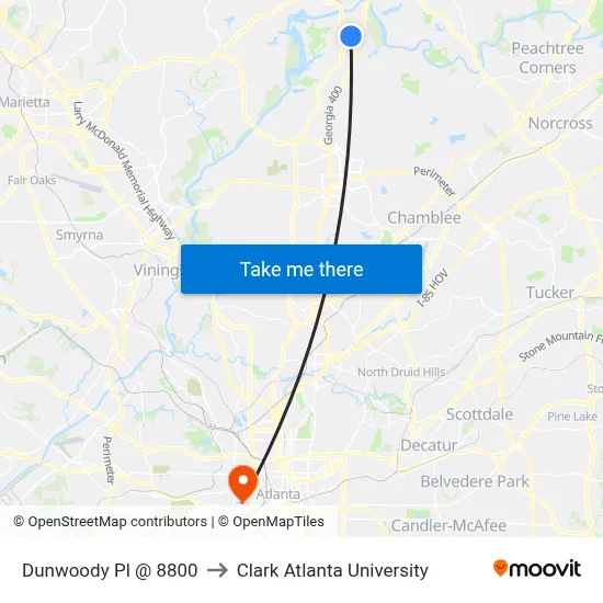 Dunwoody Pl @ 8800 to Clark Atlanta University map