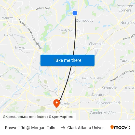 Roswell Rd @ Morgan Falls Rd to Clark Atlanta University map