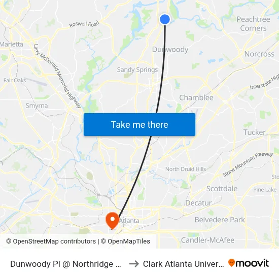 Dunwoody Pl @ Northridge Pkwy to Clark Atlanta University map