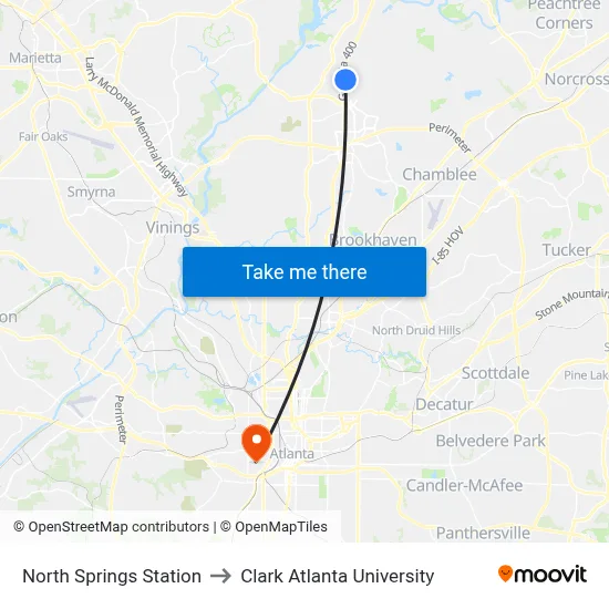 North Springs Station to Clark Atlanta University map