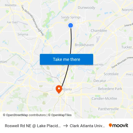 Roswell Rd NE @ Lake Placid Dr NE to Clark Atlanta University map